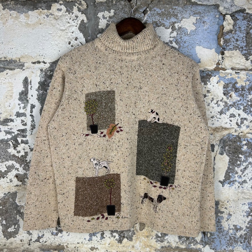 Vintage Tanjay Turtleneck Sweater Beige Dog Garden Embroidered Knit Women M